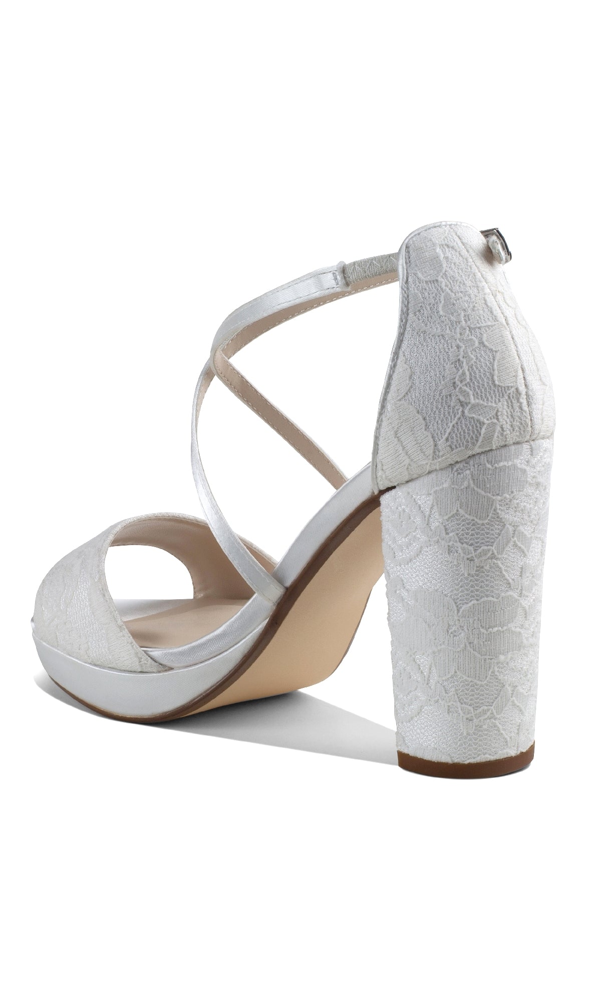 The Violet White Lace Prom Shoes: Dyeables 4611 feature open toes, block heels, crisscross ankle straps, and a lace-textured pattern on the heel and upper—perfect for adding elegance to your look.